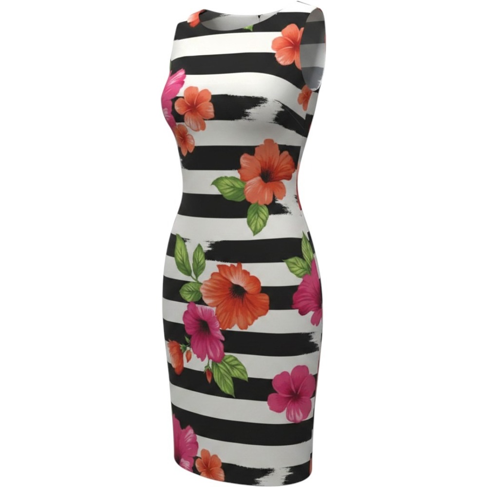 AGB Black and White‎ Striped Dress with Red and Pink Floral Accents